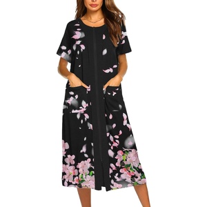 image:imageEkouaer Robes For Women Zipper Bathrobe Short Sleeve Duster With PocketsBlack Sakura