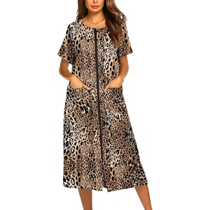 image:imageEkouaer Robes For Women Zipper Bathrobe Short Sleeve Duster With PocketsBrown Leopard Print