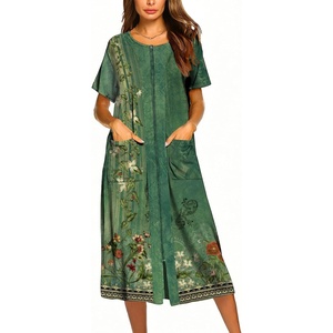 image:imageEkouaer Robes For Women Zipper Bathrobe Short Sleeve Duster With PocketsGreen Ethnic Style