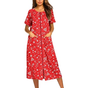 image:imageEkouaer Robes For Women Zipper Bathrobe Short Sleeve Duster With PocketsRed Christmas Tree