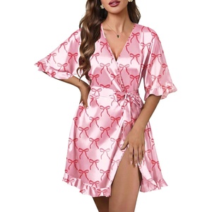 image:imageEkouaer Silk Robes for Women Short Lightweight Bathrobe Satin Kimono RobesBow Pink