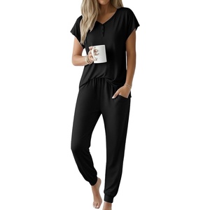 image:imageEkouaer Viscose from Bamboo Womens Pajama Sets Super Soft Short Sleeve Button Top and Pants Pj Sleepwear Sets SXXLBlack