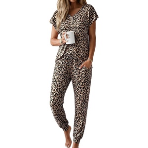 image:imageEkouaer Viscose from Bamboo Womens Pajama Sets Super Soft Short Sleeve Button Top and Pants Pj Sleepwear Sets SXXLBrown Leopard