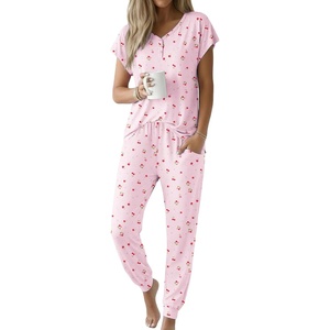 image:imageEkouaer Viscose from Bamboo Womens Pajama Sets Super Soft Short Sleeve Button Top and Pants Pj Sleepwear Sets SXXLCherry