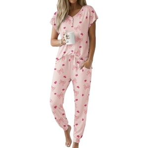 image:imageEkouaer Viscose from Bamboo Womens Pajama Sets Super Soft Short Sleeve Button Top and Pants Pj Sleepwear Sets SXXLPink Bow