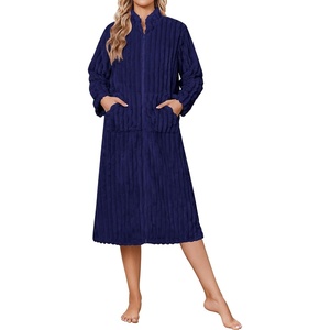 image:imageEkouaer Women Plush Robe Zip Up Bathrobe Fleece Warm Housecoat with PocketsNavy Blue