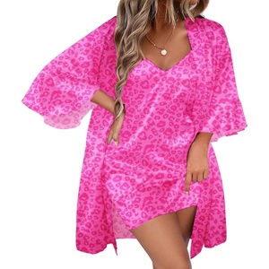 image:imageEkouaer Women Silk Robe Set V Neck 2 Piece Bridal Robe Satin Bathrobe SetHot Pink Leopard