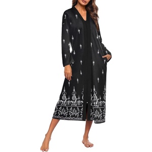 image:imageEkouaer Women Zipper Robe Long Sleeve Housecoat Soft Nightgown with PocketsBlack Ethnic Print
