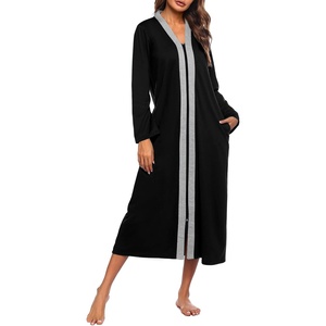 image:imageEkouaer Women Zipper Robe Long Sleeve Housecoat Soft Nightgown with PocketsBlack With Grey
