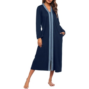 image:imageEkouaer Women Zipper Robe Long Sleeve Housecoat Soft Nightgown with PocketsNavy Blue