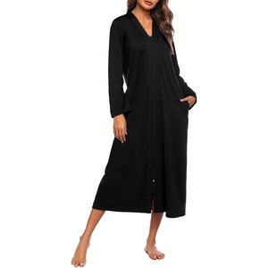 image:imageEkouaer Women Zipper Robe Long Sleeve Housecoat Soft Nightgown with PocketsPure Black