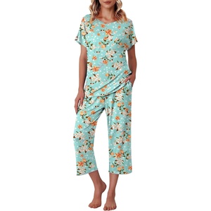 image:imageEkouaer Womens Capri Pajama Sets Print Short Sleeve Sleepwear Top and PantsGreen Flowers