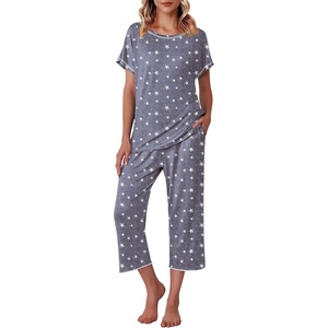image:imageEkouaer Womens Capri Pajama Sets Print Short Sleeve Sleepwear Top and PantsGrey White Star