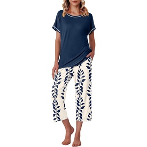 image:imageEkouaer Womens Capri Pajama Sets Print Short Sleeve Sleepwear Top and PantsKhaki Vine Branches