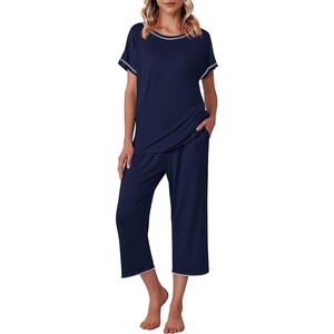 image:imageEkouaer Womens Capri Pajama Sets Print Short Sleeve Sleepwear Top and PantsNavy Blue