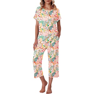 image:imageEkouaer Womens Capri Pajama Sets Print Short Sleeve Sleepwear Top and PantsPink Flower and Bird Print