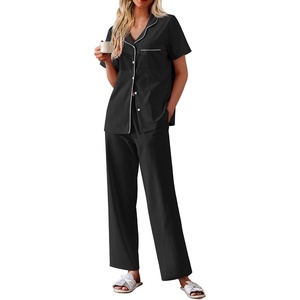image:imageEkouaer Womens Cotton Pajamas Set Short Sleeve Button Down Pjs with PantsBlack