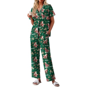 image:imageEkouaer Womens Cotton Pajamas Set Short Sleeve Button Down Pjs with PantsChristmas Green Santa Claus