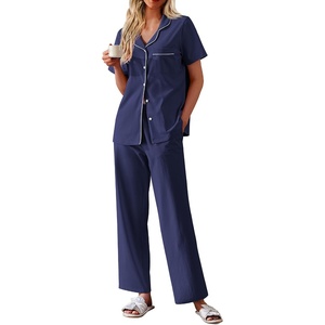image:imageEkouaer Womens Cotton Pajamas Set Short Sleeve Button Down Pjs with PantsNavy Blue