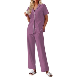 image:imageEkouaer Womens Cotton Pajamas Set Short Sleeve Button Down Pjs with PantsPurple