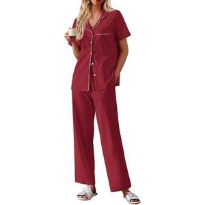 image:imageEkouaer Womens Cotton Pajamas Set Short Sleeve Button Down Pjs with PantsWine Red