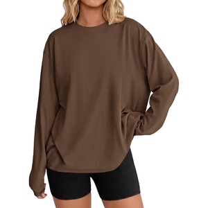 image:imageEkouaer Womens Oversized Long Sleeve Cotton Shirts Crew Neck Fall TopsBrown