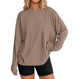 image:imageEkouaer Womens Oversized Long Sleeve Cotton Shirts Crew Neck Fall TopsKhaki