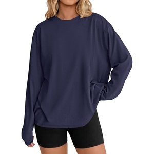 image:imageEkouaer Womens Oversized Long Sleeve Cotton Shirts Crew Neck Fall TopsNavy Blue