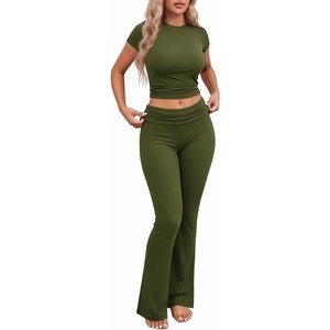 image:imageEkouaer Womens Pajama Set Short Sleeve Crop Top Foldover Flare PantsArmy Green