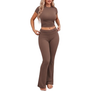 image:imageEkouaer Womens Pajama Set Short Sleeve Crop Top Foldover Flare PantsBrown
