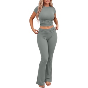 image:imageEkouaer Womens Pajama Set Short Sleeve Crop Top Foldover Flare PantsGray Green