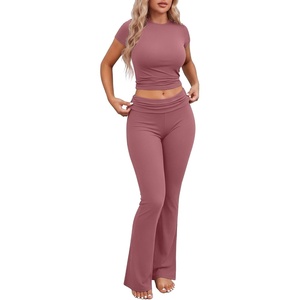 image:imageEkouaer Womens Pajama Set Short Sleeve Crop Top Foldover Flare PantsGray Purple