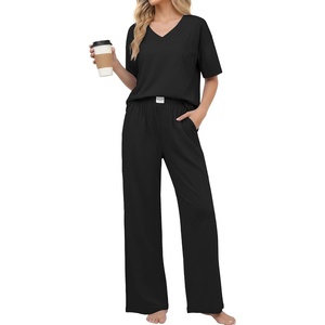 image:imageEkouaer Womens Pajama Sets Cotton Short Sleeve Long Pants Lounge SetBlack