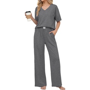 image:imageEkouaer Womens Pajama Sets Cotton Short Sleeve Long Pants Lounge SetDark Grey