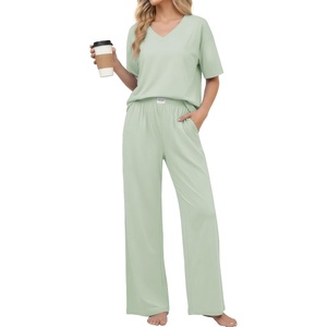 image:imageEkouaer Womens Pajama Sets Cotton Short Sleeve Long Pants Lounge SetLight Green