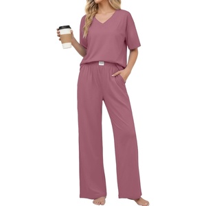 image:imageEkouaer Womens Pajama Sets Cotton Short Sleeve Long Pants Lounge SetPurple Red