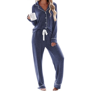 image:imageEkouaer Womens Pajamas Long Sleeve Loungewear Casual Button Down PjsDark Blue