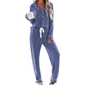 image:imageEkouaer Womens Pajamas Long Sleeve Loungewear Casual Button Down PjsNavy
