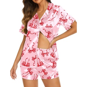 image:imageEkouaer Womens Pajamas Silk Satin Short Sleeve Button Down Pjs Shorts SetBow Pink Red