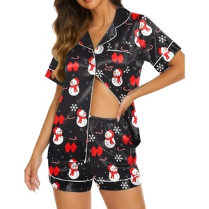 image:imageEkouaer Womens Pajamas Silk Satin Short Sleeve Button Down Pjs Shorts SetChristmas Black