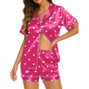 image:imageEkouaer Womens Pajamas Silk Satin Short Sleeve Button Down Pjs Shorts SetHeart Rose