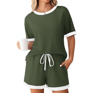 image:imageEkouaer Womens Ribbed Knit Pajama Set Short Sleeve Top Shorts PJsArmy Green