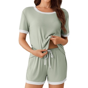 image:imageEkouaer Womens Ribbed Knit Pajama Set Short Sleeve Top Shorts PJsMint Green