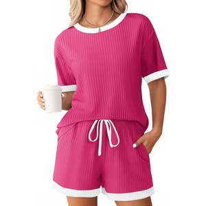 image:imageEkouaer Womens Ribbed Knit Pajama Set Short Sleeve Top Shorts PJsRose Red