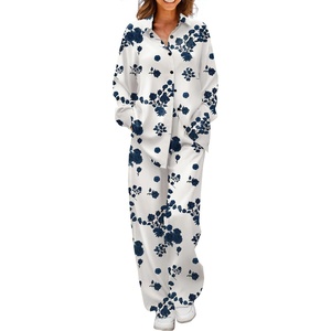 image:imageEkouaer Womens Satin Silky Pajama Set Soft Long PJs Button Down LoungewearBblue Flower