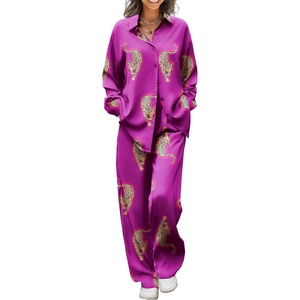 image:imageEkouaer Womens Satin Silky Pajama Set Soft Long PJs Button Down LoungewearPurple Large Leopard