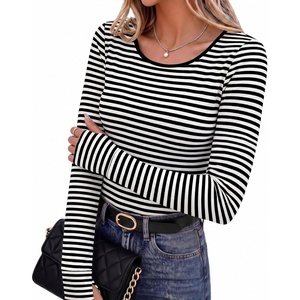 image:imageLong Sleeve Shirts for Women Thumb Hole Fitted Tops Thermal Layering TeesStripe White  Black