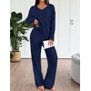 image:imageEkouaer Lounge Sets for Women Long Sleeve Knit Ribbed Pajama Sets 2 Piece Casual Loungewear with PocketsNavy Blue