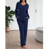 image:imageEkouaer Lounge Sets for Women Long Sleeve Knit Ribbed Pajama Sets 2 Piece Casual Loungewear with PocketsNavy Blue