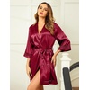 image:imageEkouaer Women Silky Satin Robe Lace Bridesmaid Bathrobes Kimono LoungewearWine Red